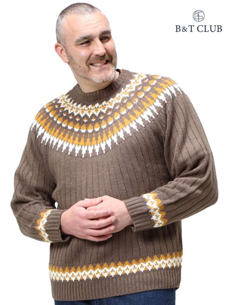 大きいサイズ メンズ B＆T CLUB (ビーアンドティークラブ) ウォッシャブル ウール混 畦編み ノルディック クルーネック セーター
