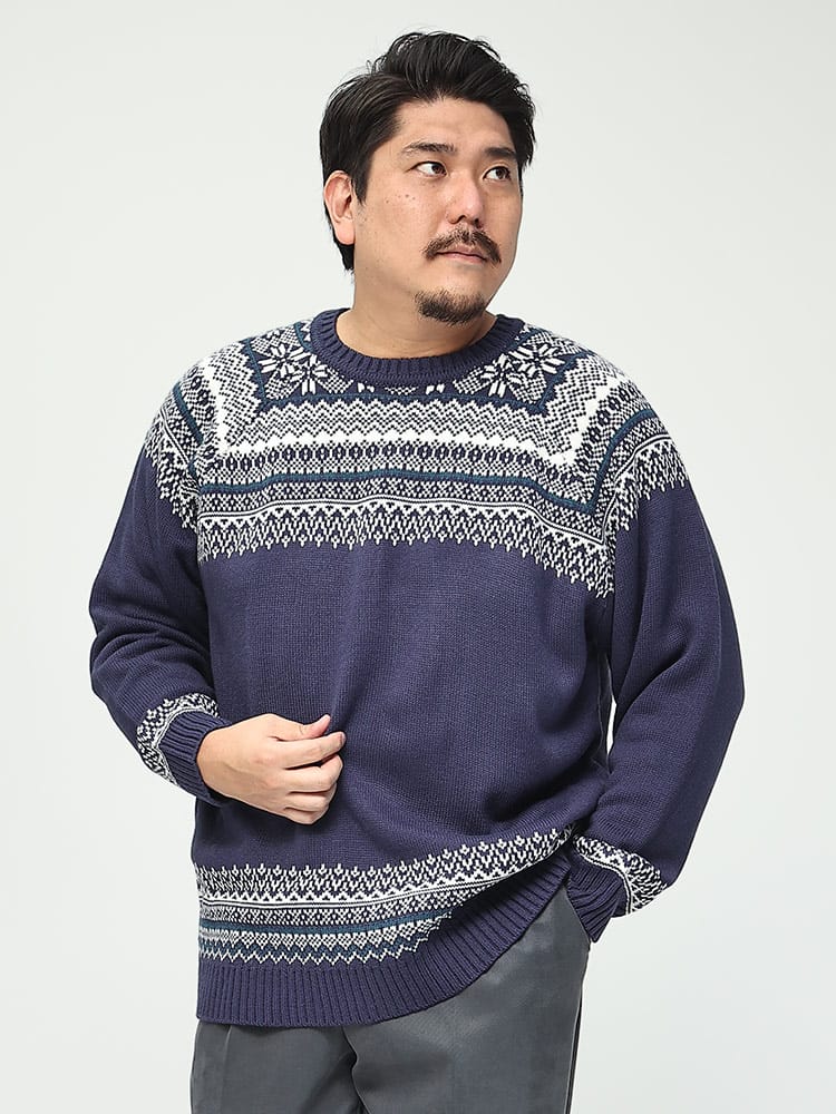 在庫処分 返品交換不可 大きいサイズ メンズ B＆T CLUB (ビーアンドティークラブ) 7G フェアアイル柄 クルーネック セーター