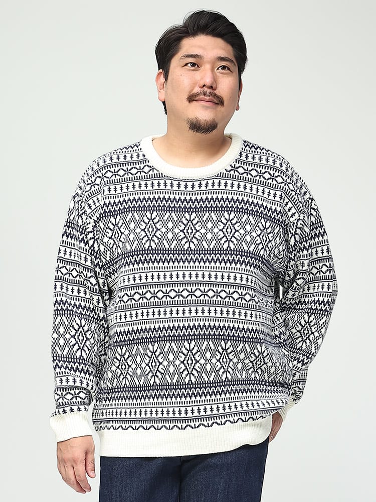 在庫処分 返品交換不可 大きいサイズ メンズ B＆T CLUB (ビーアンドティークラブ) 7G ネイティブ柄 クルーネック セーター