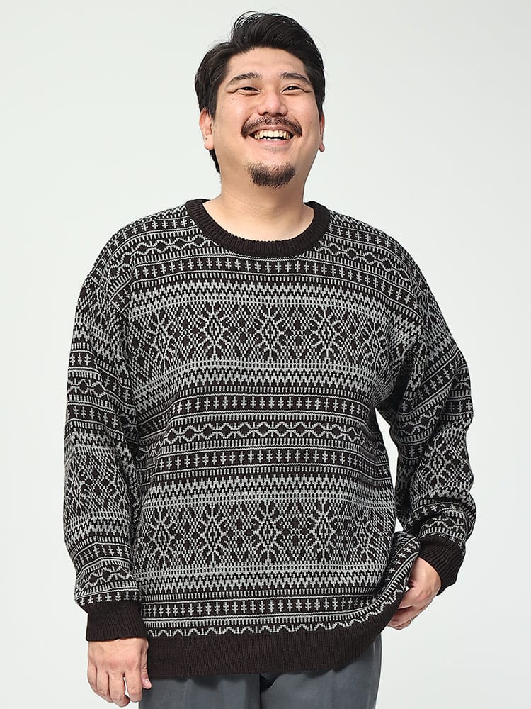 在庫処分 返品交換不可 大きいサイズ メンズ B＆T CLUB (ビーアンドティークラブ) 7G ネイティブ柄 クルーネック セーター