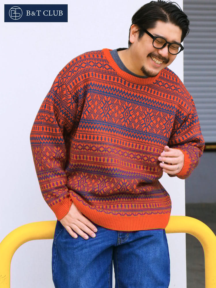 在庫処分 返品交換不可 大きいサイズ メンズ B＆T CLUB (ビーアンドティークラブ) 7G ネイティブ柄 クルーネック セーター
