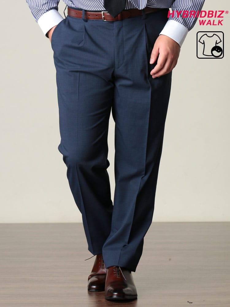 在庫処分 返品交換不可 大きいサイズ メンズ HYBRIDBIZ (ハイブリッドビズ) 春夏対応 ウール混 千鳥柄 股ずれ防止 シック付き ワンタック ロングパンツ BLUE