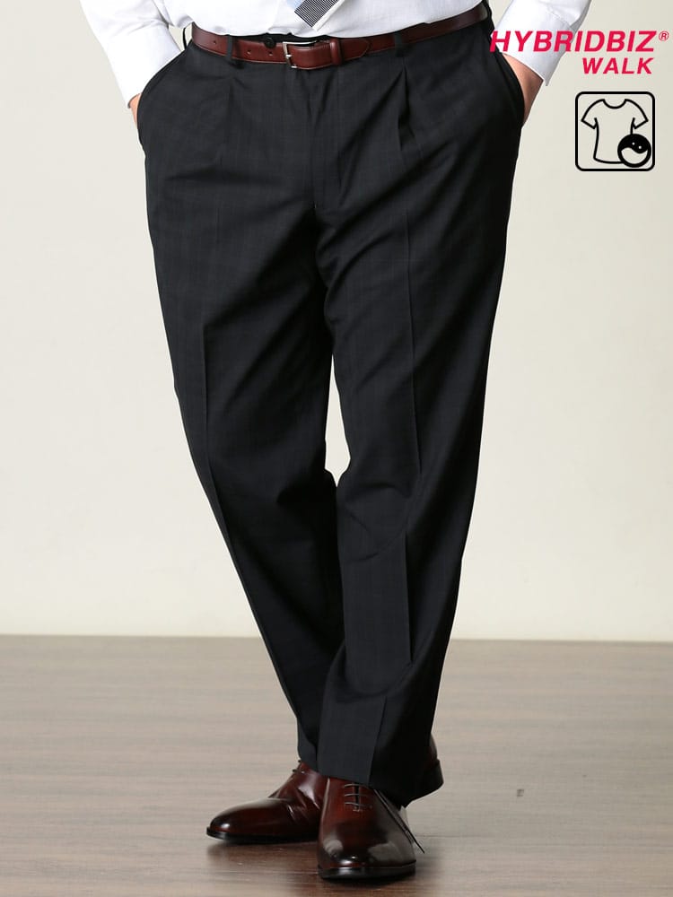 大きいサイズ メンズ HYBRIDBIZ (ハイブリッドビズ) 春夏対応 ウール混 チェック柄 股ずれ防止 シック付き ワンタック ロングパンツ BLACK
