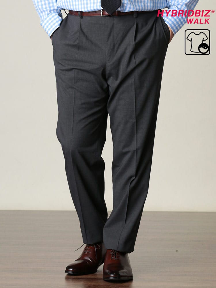 在庫処分 返品交換不可 大きいサイズ メンズ HYBRIDBIZ (ハイブリッドビズ) 春夏対応 ウール混 千鳥柄 股ずれ防止 シック付き ワンタック ロングパンツ GRAY