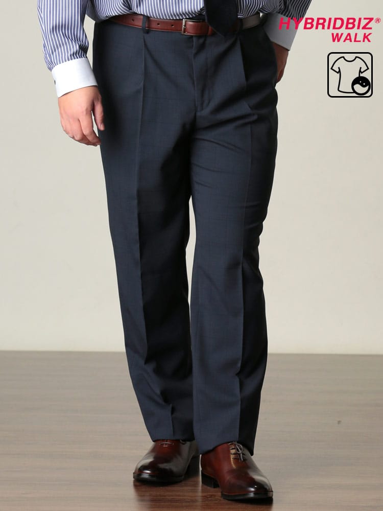 在庫処分 返品交換不可 大きいサイズ メンズ HYBRIDBIZ (ハイブリッドビズ) 春夏対応 ウール混 ウィンドウペン 股ずれ防止 シック付き ワンタック ロングパンツ BLUE