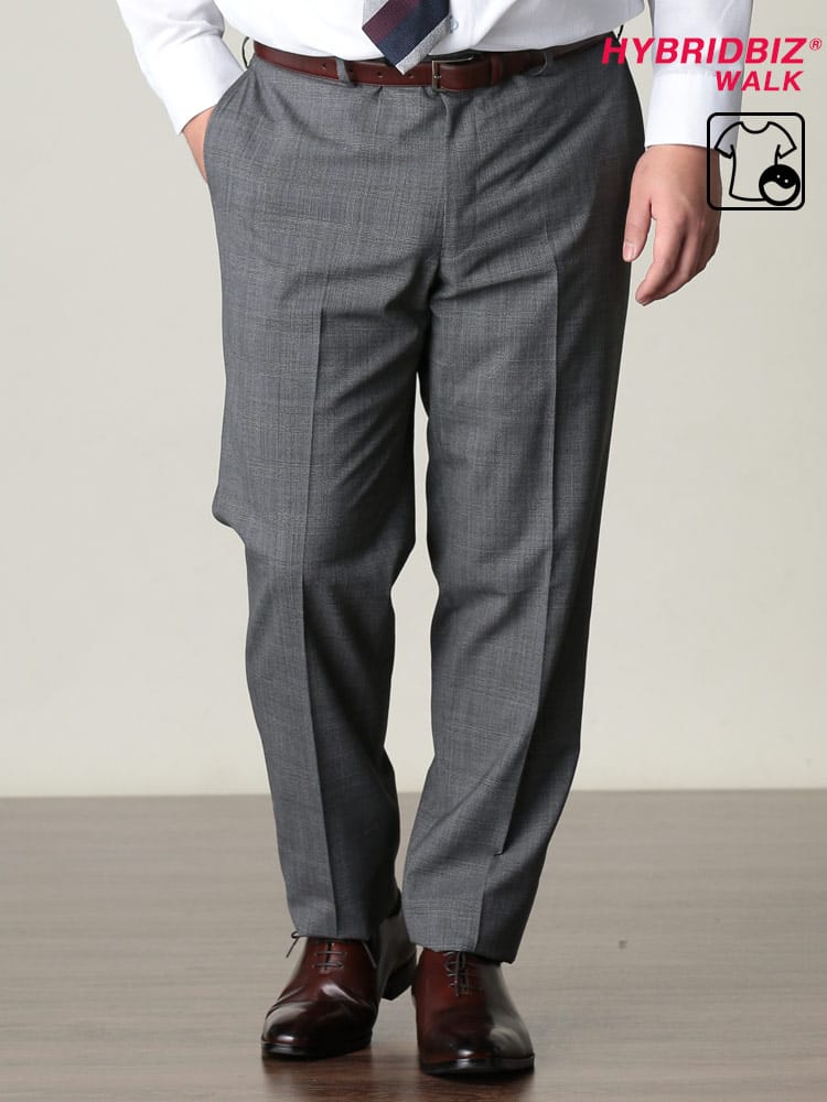 大きいサイズ メンズ HYBRIDBIZ (ハイブリッドビズ) 春夏対応 ウール混 チェック柄 股ずれ防止 シック付き ノータック ロングパンツ GRAY