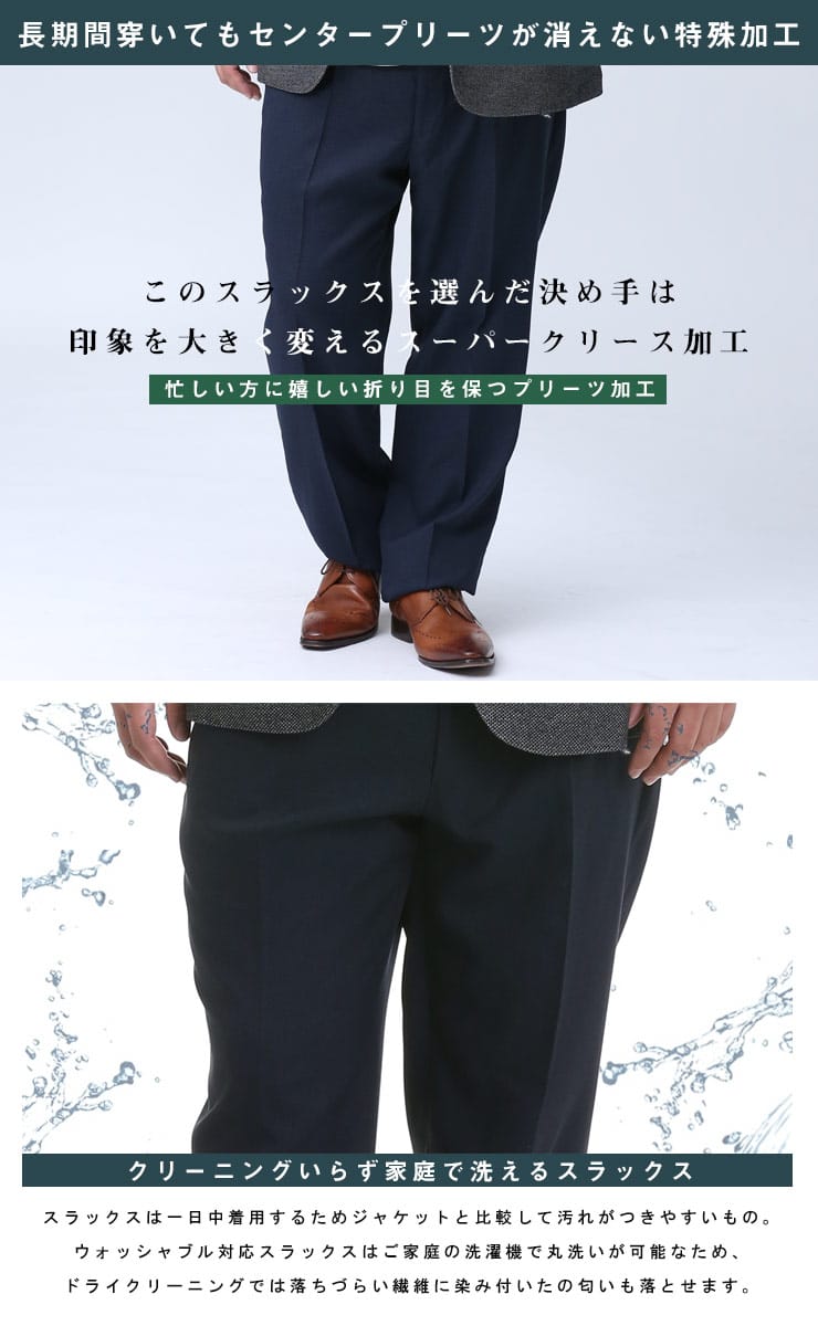 大きいサイズ メンズ HYBRIDBIZ (ハイブリッドビズ) 春夏対応 ストレッチ ウォッシャブル イージーケア 股ずれ防止 シック付き ワンタック スラックス NAVY