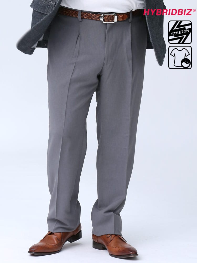 大きいサイズ メンズ HYBRIDBIZ (ハイブリッドビズ) 春夏対応 ストレッチ ウォッシャブル イージーケア 股ずれ防止 シック付き ワンタック スラックス GRAY