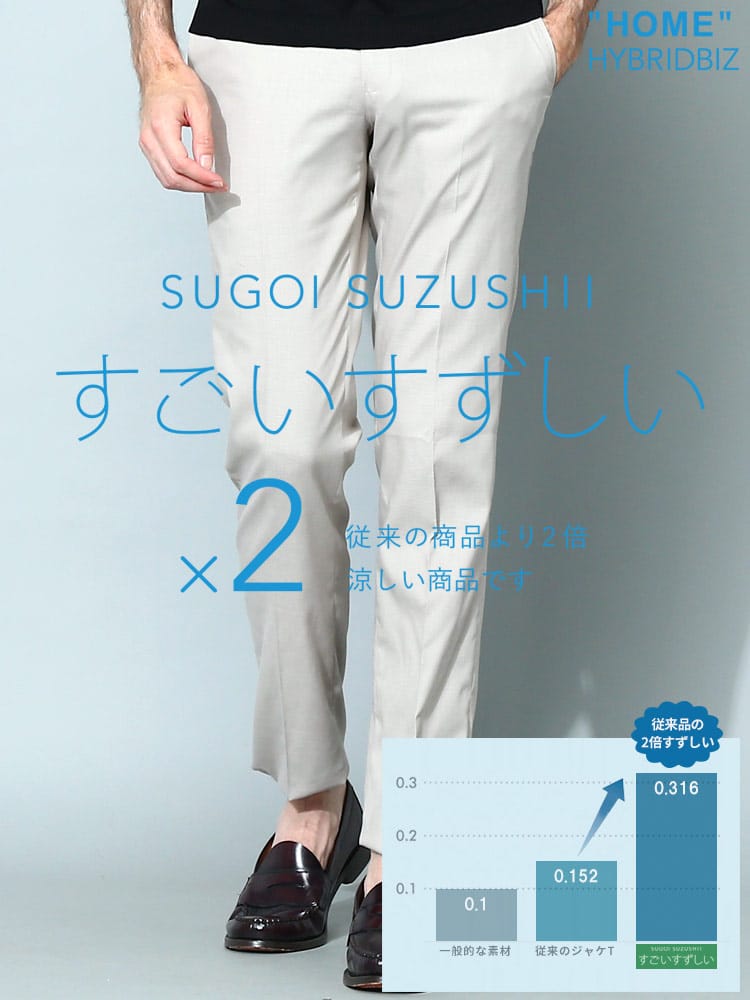 スラックス2本同時購入2200円引き対象商品 HYBRIDBIZ ハイブリッドビズ すごいすずしい 接触冷感 涼感 ストレッチ ノータックスラックス ビジネス 紳士 春夏 ウォッシャブル 洗える