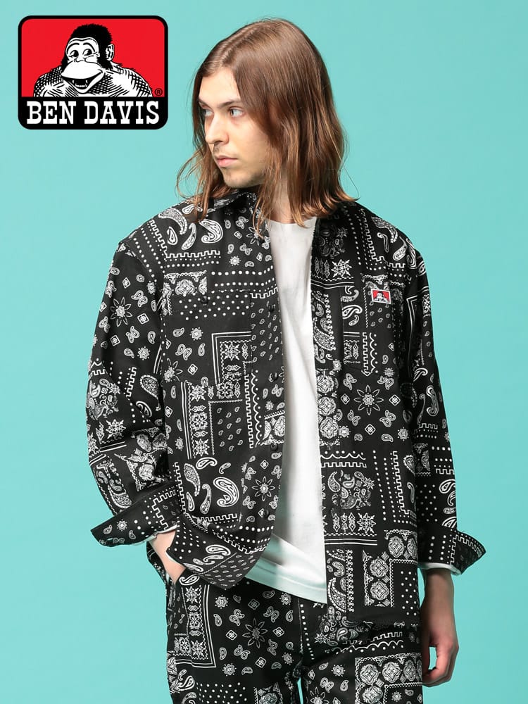 BEN DAVIS (ベンデイビス) ワンポイントロゴ チェック＆ストライプ ポケット 長袖 シャツ PATTERNED SHIRTS