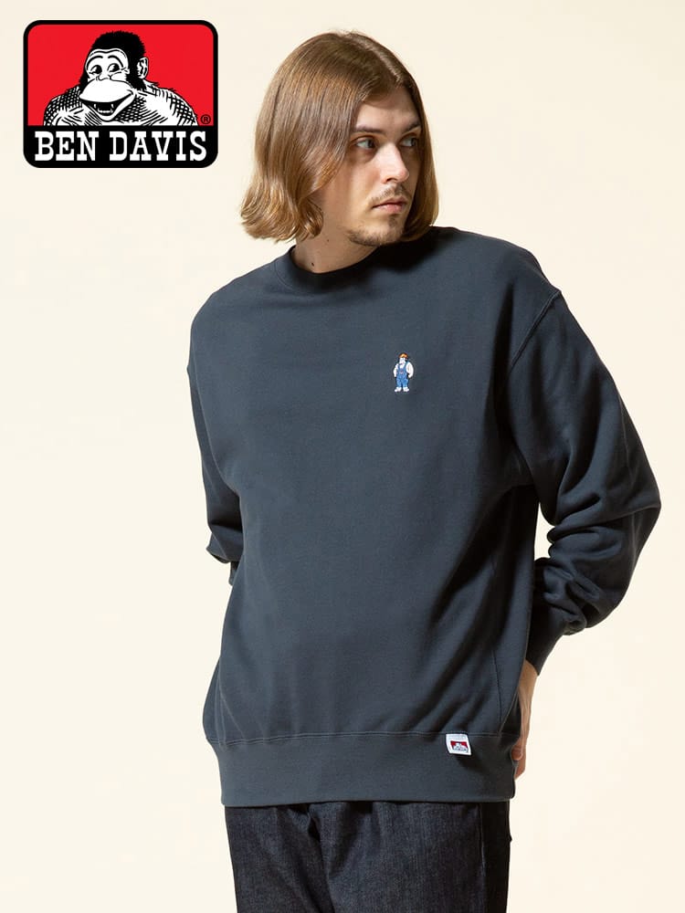 BEN DAVIS (ベンデイビス) 綿100％ ミニゴリラ刺繍 クルーネック 長袖 トレーナー MINI GORILLA EMB CREW