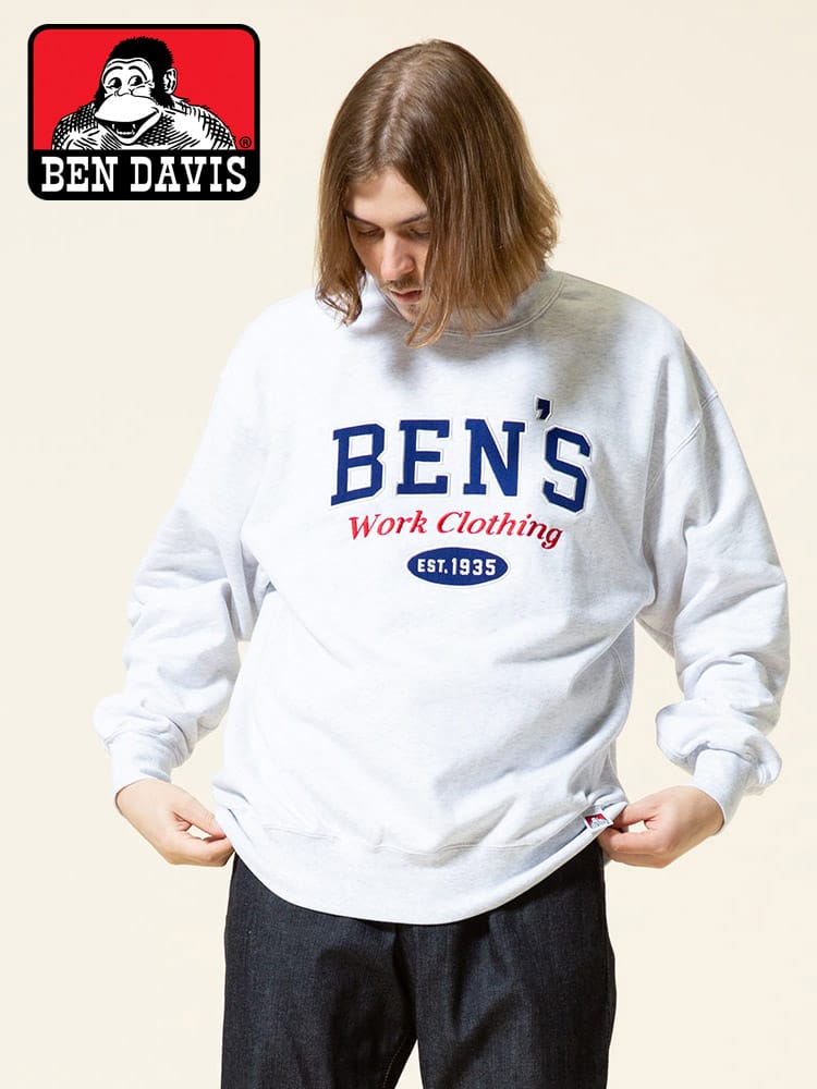 BEN DAVIS (ベンデイビス) 綿100％ BIGロゴ刺繍 クルーネック 長袖 トレーナー BEN'S LETTERD CREW