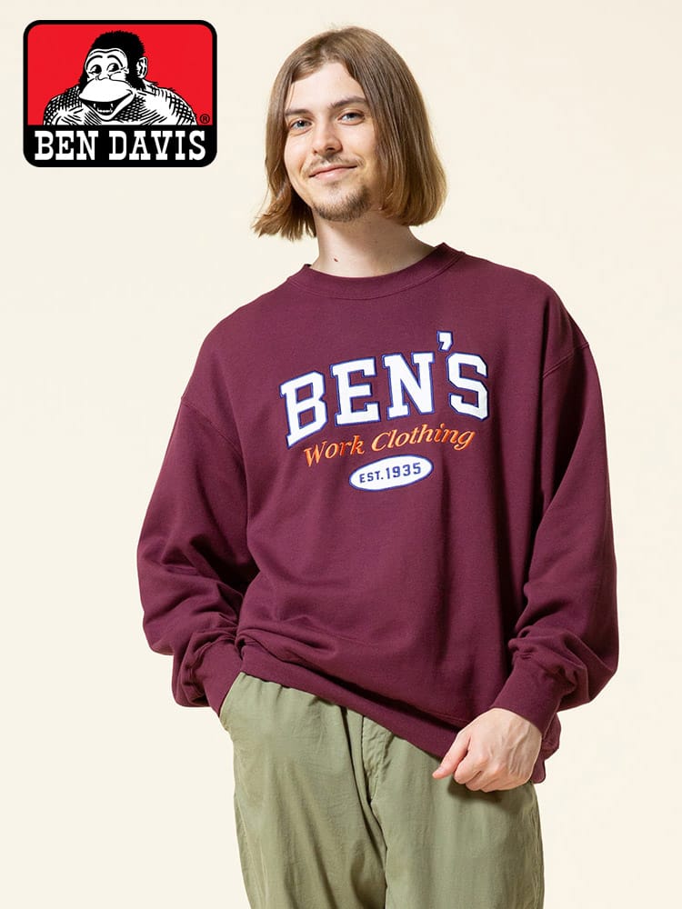 BEN DAVIS (ベンデイビス) 綿100％ BIGロゴ刺繍 クルーネック 長袖 トレーナー BEN'S LETTERD CREW