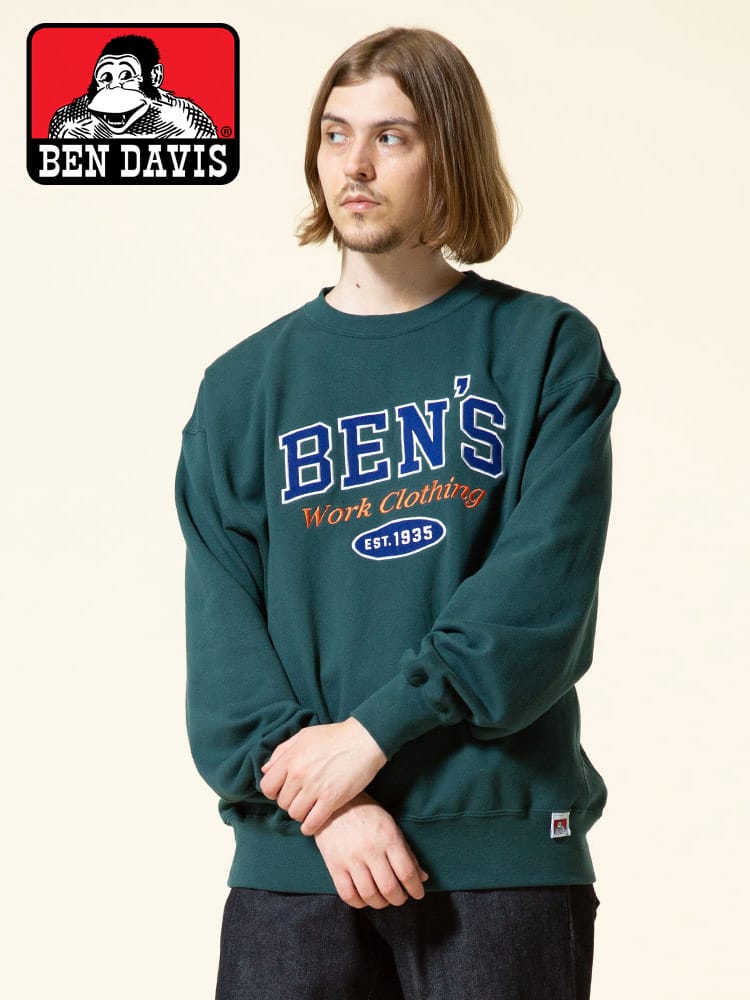 BEN DAVIS (ベンデイビス) 綿100％ BIGロゴ刺繍 クルーネック 長袖 トレーナー BEN'S LETTERD CREW