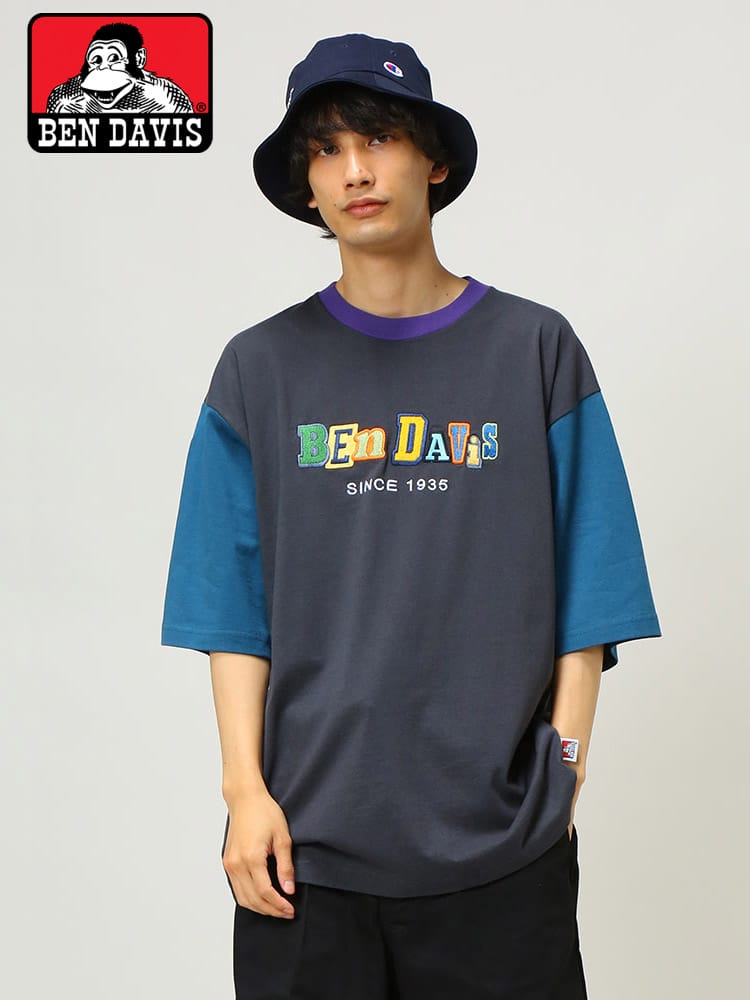 BEN DAVIS (ベンデイビス) 配色切り替え ロゴ刺繍 クルーネック 半袖 Tシャツ CRAZY TWICE TEE