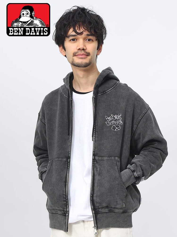 BEN DAVIS (ベンデイビス) 裏毛 ヴィンテージ風 ロゴカットオフ ダブルジップ パーカー