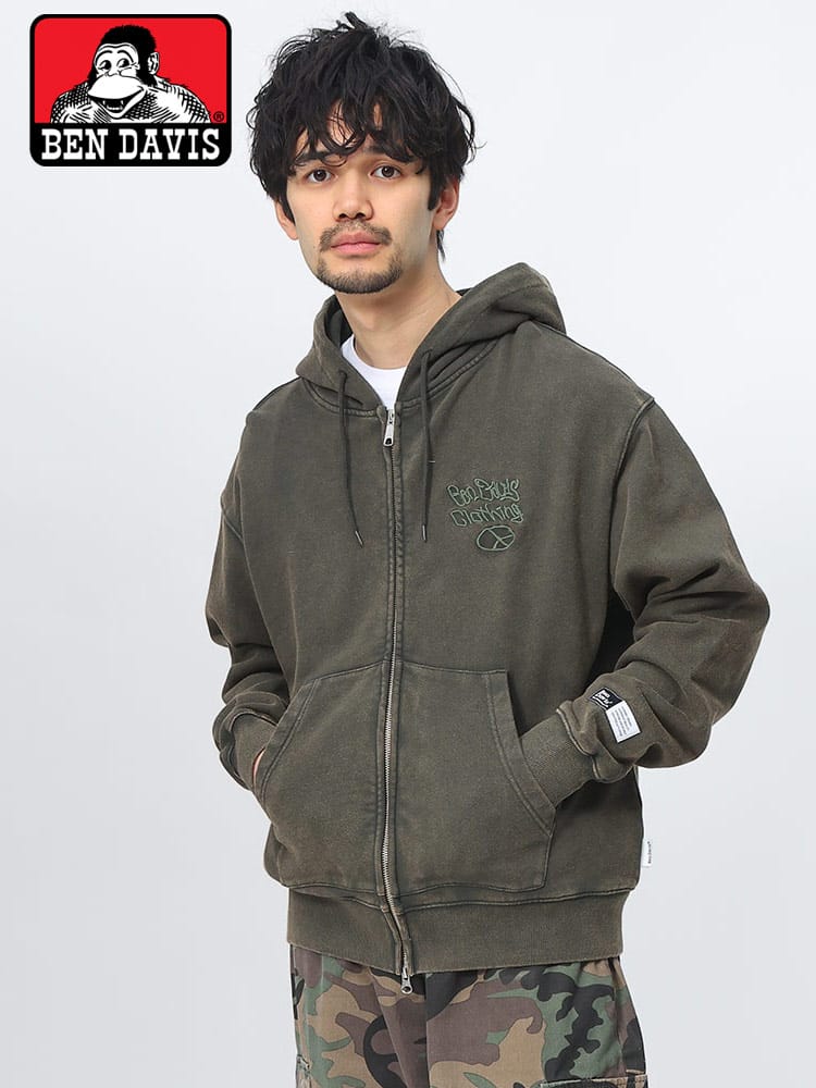BEN DAVIS (ベンデイビス) 裏毛 ヴィンテージ風 ロゴカットオフ ダブルジップ パーカー