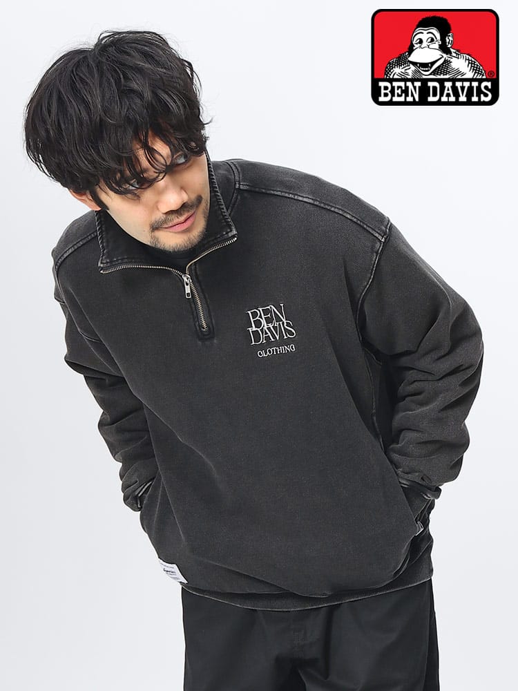 BEN DAVIS (ベンデイビス) コットン100％ 裏毛 ブリーチ加工 刺繍ロゴ ハーフジップ トレーナー