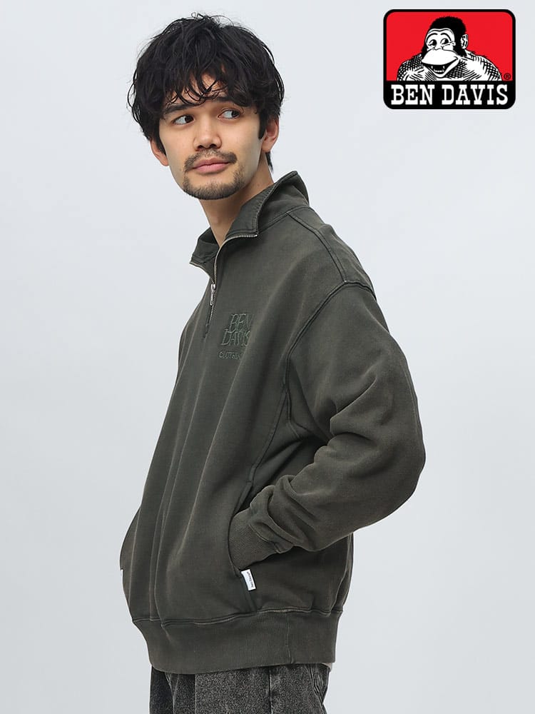 BEN DAVIS (ベンデイビス) コットン100％ 裏毛 ブリーチ加工 刺繍ロゴ ハーフジップ トレーナー