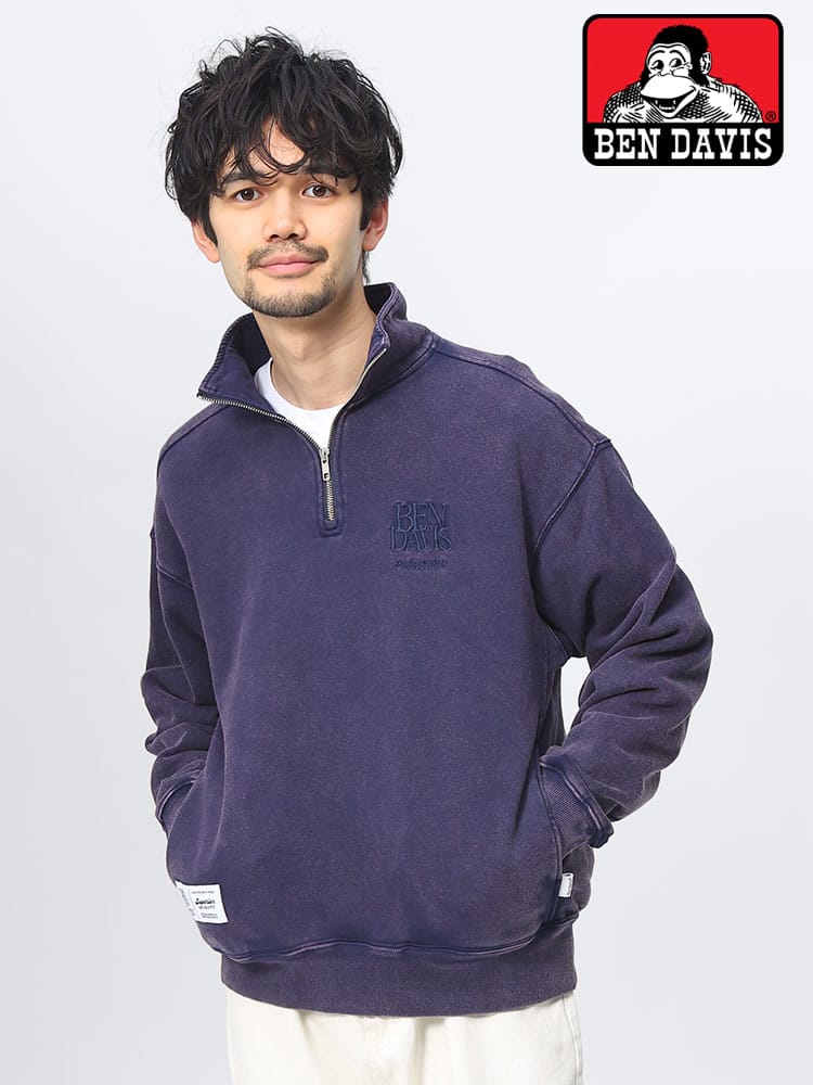 BEN DAVIS (ベンデイビス) コットン100％ 裏毛 ブリーチ加工 刺繍ロゴ ハーフジップ トレーナー