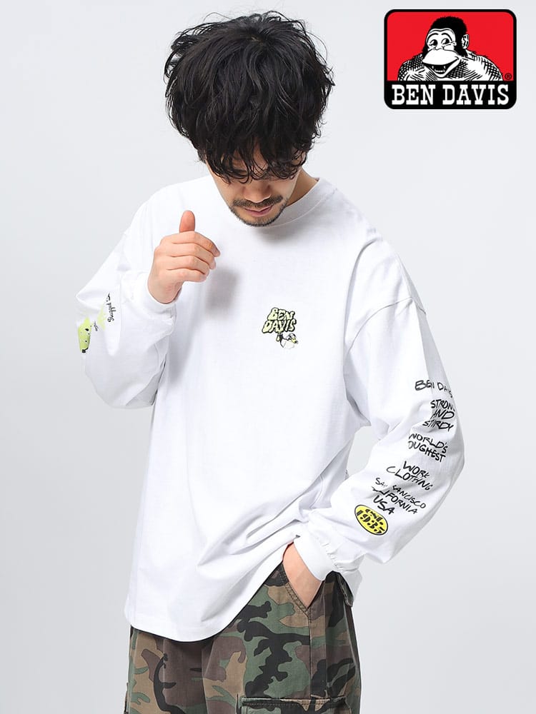 BEN DAVIS (ベンデイビス) ロゴ刺繍 バイカープリント ワイドシルエット クルーネック 長袖 Ｔシャツ