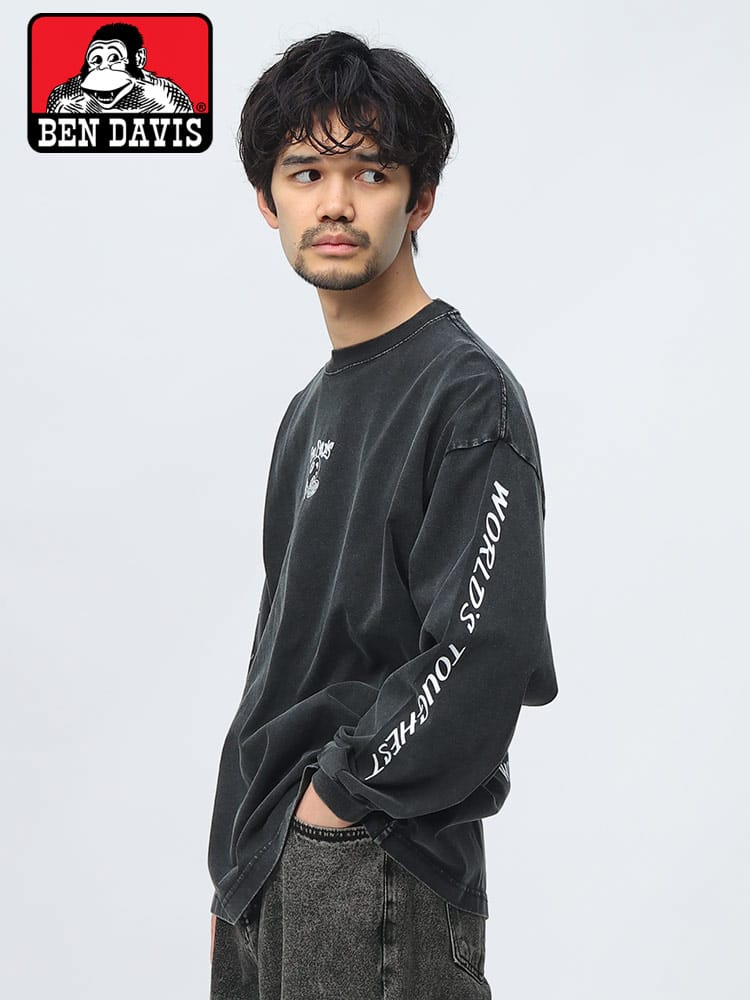 BEN DAVIS (ベンデイビス) ビリヤードボール バックプリントロゴ ウォッシュ加工 クルーネック 長袖 Ｔシャツ