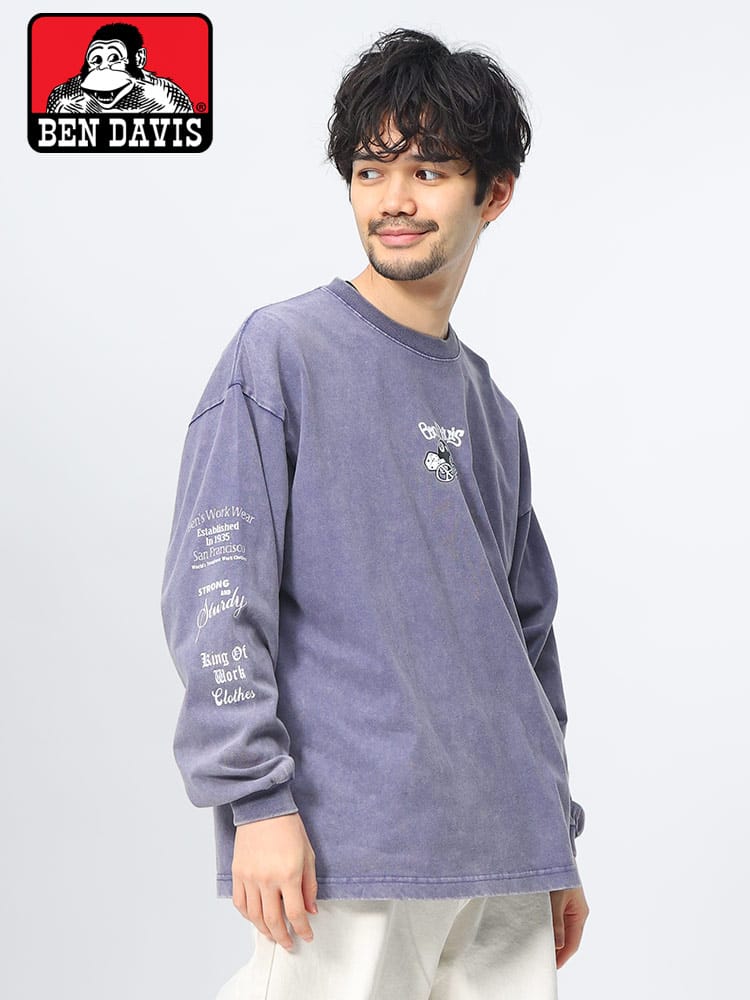 BEN DAVIS (ベンデイビス) ビリヤードボール バックプリントロゴ ウォッシュ加工 クルーネック 長袖 Ｔシャツ