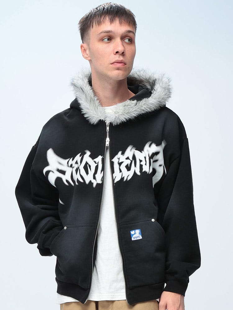 SEQUENZ (シークエンズ) ファー ロゴプリント フルジップ パーカー メンズ トップス パーカー フード ジップ ダブルジップ スウェット 秋 冬