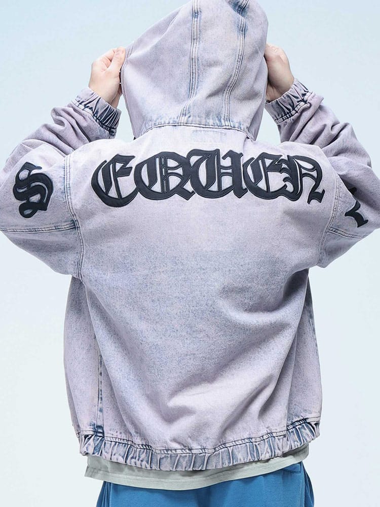 SEQUENZ (シークエンズ) ロゴアップリケ フード付き フルジップ デニムジャケット ウォッシュ加工