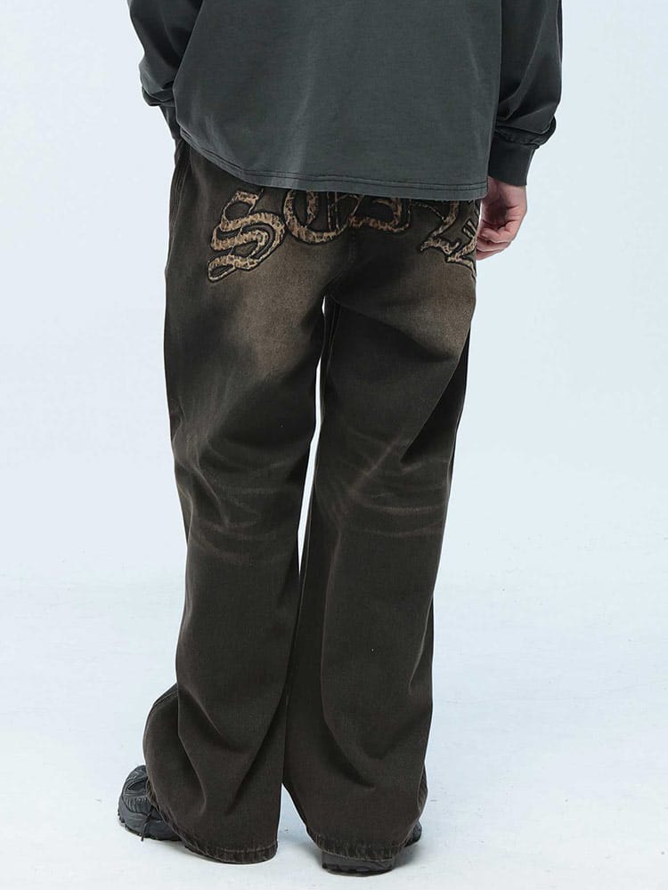 SEQUENZ (シークエンズ) ロゴアップリケ デニムパンツ ウォッシュ加工