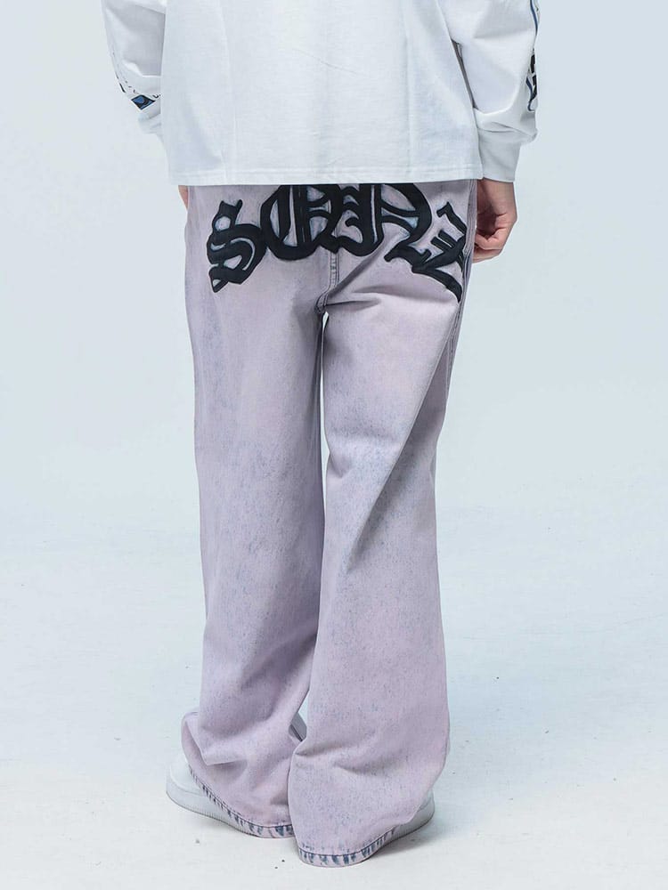 SEQUENZ (シークエンズ) ロゴアップリケ デニムパンツ ウォッシュ加工