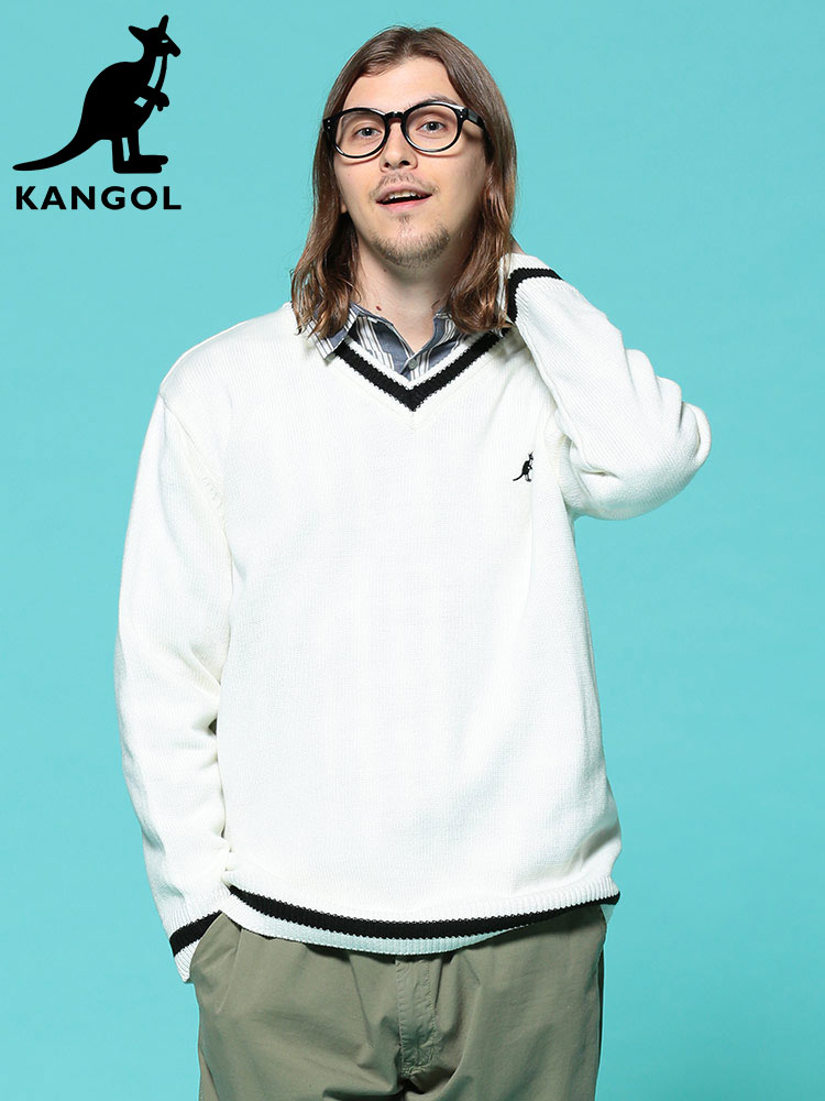 KANGOL (カンゴール) 7G天竺 ライン 胸ロゴ Vネック ニット セーター