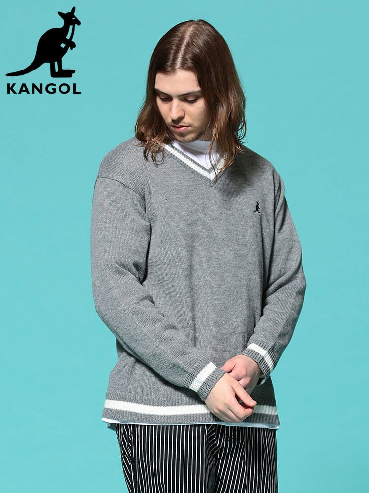 KANGOL (カンゴール) 7G天竺 ライン 胸ロゴ Vネック ニット セーター