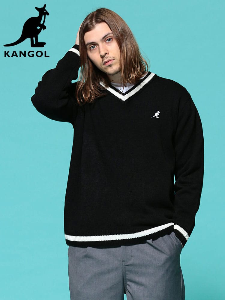 KANGOL (カンゴール) 7G天竺 ライン 胸ロゴ Vネック ニット セーター