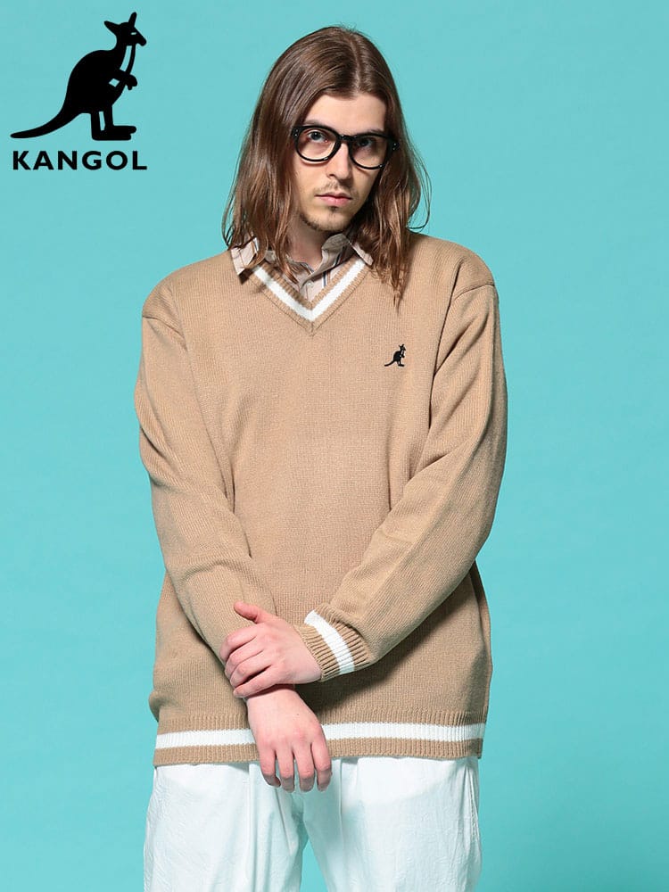 KANGOL (カンゴール) 7G天竺 ライン 胸ロゴ Vネック ニット セーター
