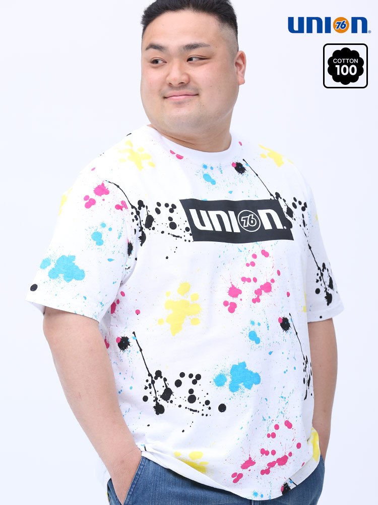 在庫処分 返品交換不可 大きいサイズ メンズ UNION 76 (ユニオン セブンティーシックス) スプラッシュ ロゴプリント クルーネック 半袖 Tシャツ