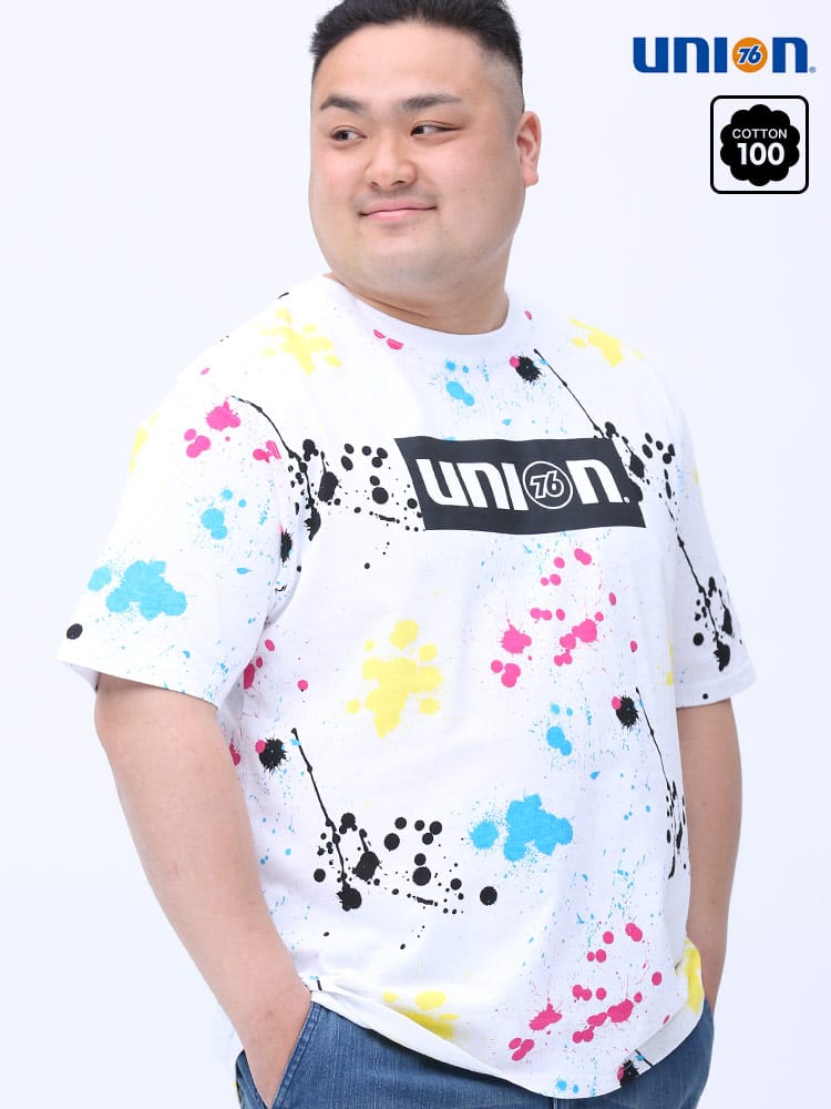 在庫処分 返品交換不可 大きいサイズ メンズ UNION 76 (ユニオン セブンティーシックス) スプラッシュ ロゴプリント クルーネック 半袖 Tシャツ
