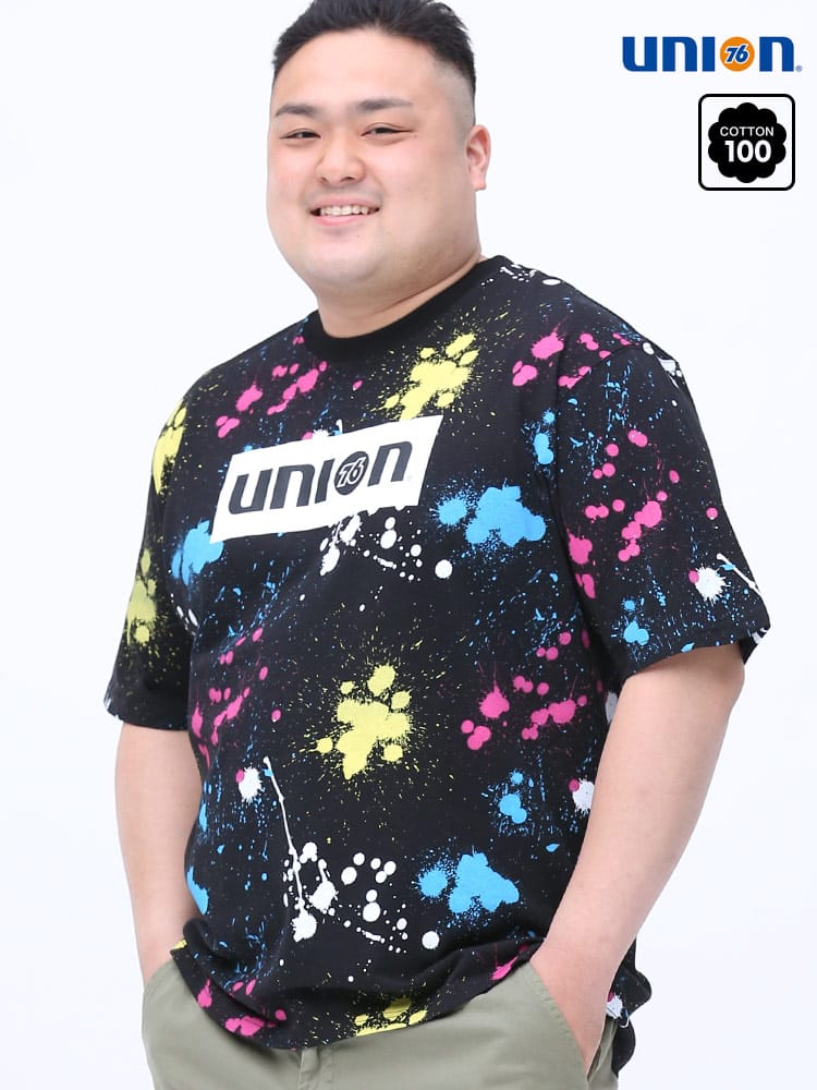 在庫処分 返品交換不可 大きいサイズ メンズ UNION 76 (ユニオン セブンティーシックス) スプラッシュ ロゴプリント クルーネック 半袖 Tシャツ