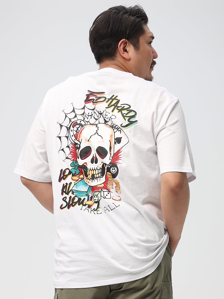大きいサイズ メンズ ed hardy (エドハーディー) バックスカルプリント クルーネック 半袖 Tシャツ