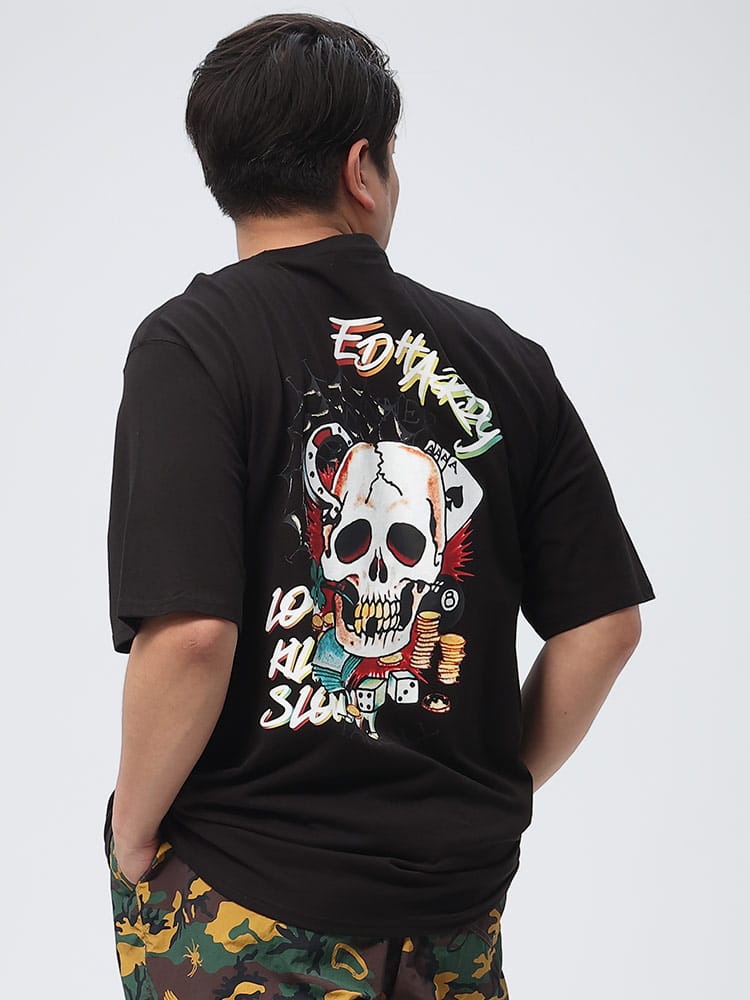 大きいサイズ メンズ ed hardy (エドハーディー) バックスカルプリント クルーネック 半袖 Tシャツ