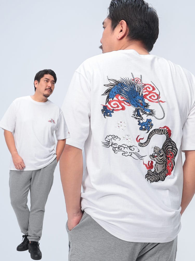 半袖 Tシャツ 和柄刺繍 クルーネック トップス クルー 柄 コットン 大きいサイズ メンズ