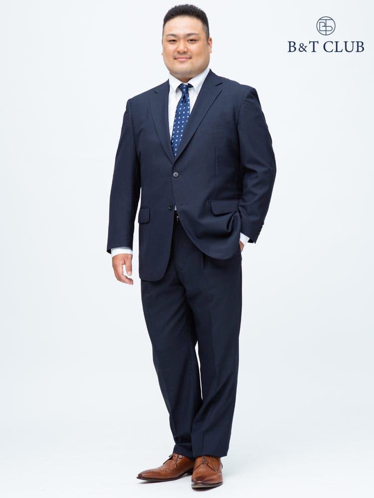 大きいサイズ メンズ B＆T CLUB (ビーアンドティークラブ) ウォッシャブル ウエストアジャスター シャドーストライプ シングル ツーパンツ スーツ NAVY【KB体 KBE体 3L 4L 5L 6L 7L 8L】