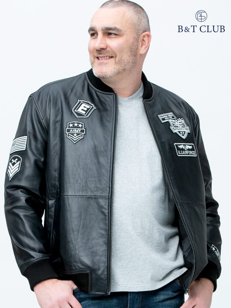 大きいサイズ メンズ B＆T CLUB (ビーアンドティークラブ) ラムレザー ワッペン フルジップ ジャケット