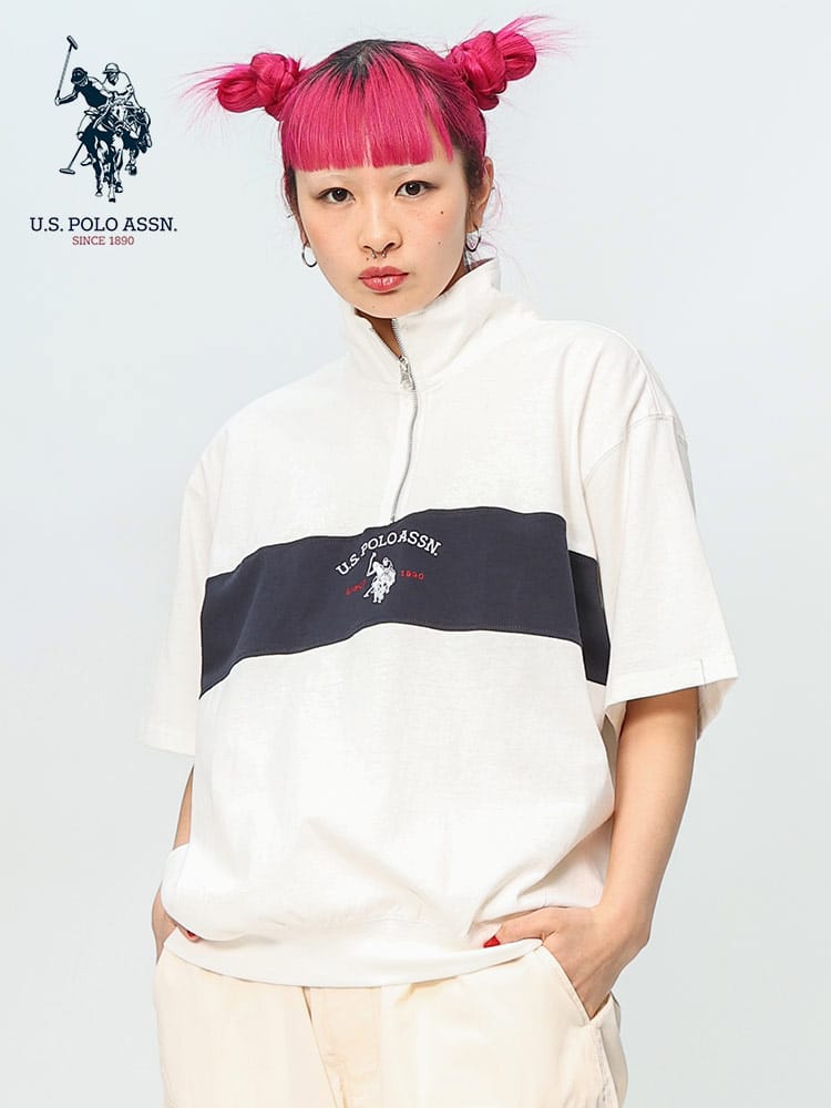 U.S. POLO ASSN. (ユーエスポロアッスン) レトロ切替 ハーフジップ 半袖 スタンドシャツ