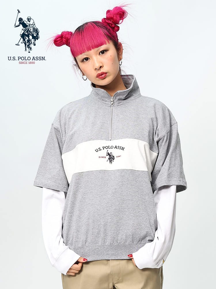 U.S. POLO ASSN. (ユーエスポロアッスン) レトロ切替 ハーフジップ 半袖 スタンドシャツ