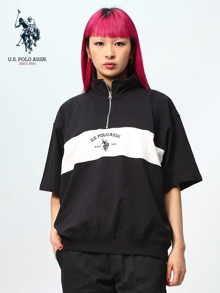 U.S. POLO ASSN. (ユーエスポロアッスン) レトロ切替 ハーフジップ 半袖 スタンドシャツ