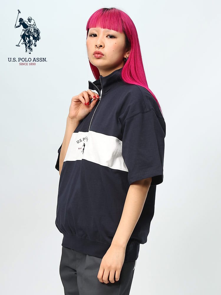 U.S. POLO ASSN. (ユーエスポロアッスン) レトロ切替 ハーフジップ 半袖 スタンドシャツ