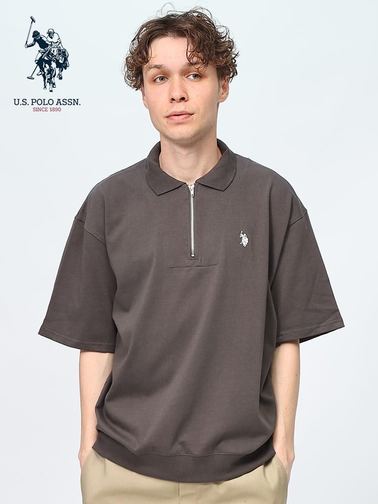 U.S. POLO ASSN. (ユーエスポロアッスン) ロゴ刺繍 無地 ハーフジップ 半袖 ポロシャツ