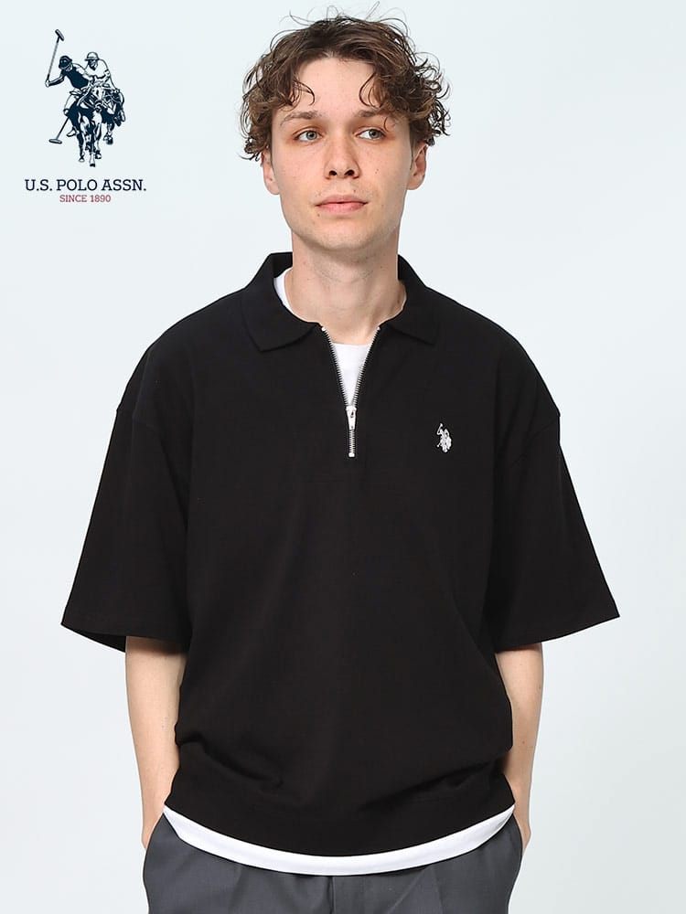 U.S. POLO ASSN. (ユーエスポロアッスン) ロゴ刺繍 無地 ハーフジップ 半袖 ポロシャツ