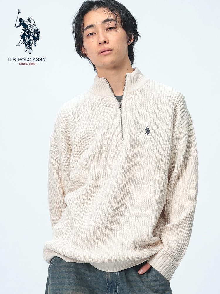U.S. POLO ASSN.  (ユーエスポロアッスン) BIGシルエット 畔編み×刺繍ロゴ ハーフジップ ニット PLM43401